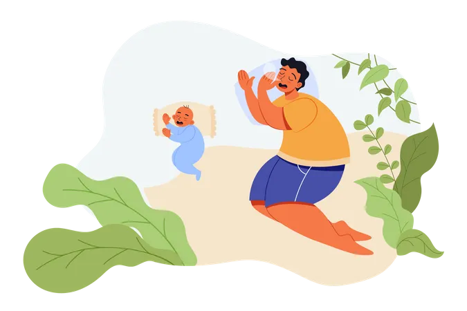 Father and little son sleeping together on bad  Illustration