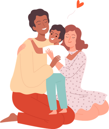 Father and mother hugging kid  Illustration