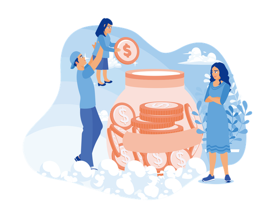 Father and mother teach children to save money  Illustration