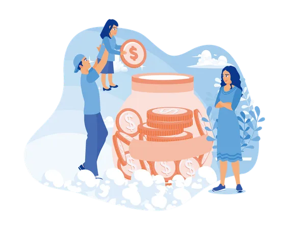 Father and mother teach children to save money  Illustration