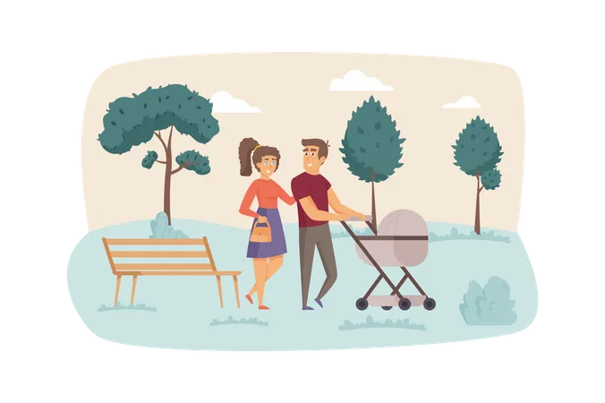 Father And Mother With Baby In Stroller Walk In Park Happy Young Family With Baby Scene Pregnancy Childhood Maternity Parenthood Concept Vector Illustration Of People Characters In Flat Design Illustration