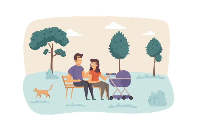 Father and mother with kid in stroller  Illustration