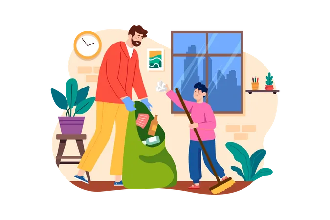 Father And Son Are Collecting Garbage At Home  Illustration