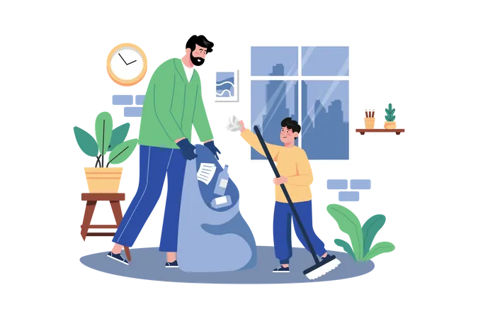 Father And Son Are Collecting Garbage At Home  Illustration