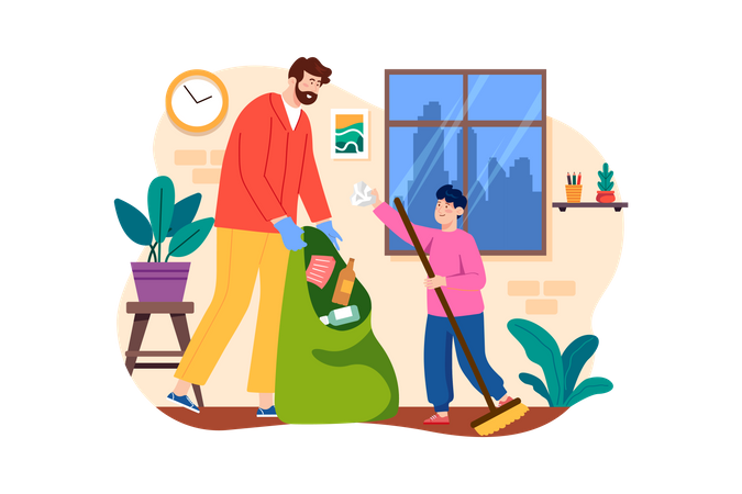 Father And Son Are Collecting Garbage At Home  Illustration