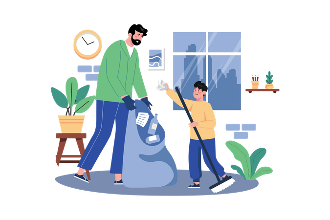 Father And Son Are Collecting Garbage At Home  Illustration