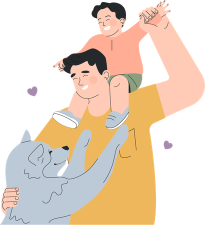Father and son are enjoying with their pet dog  Illustration