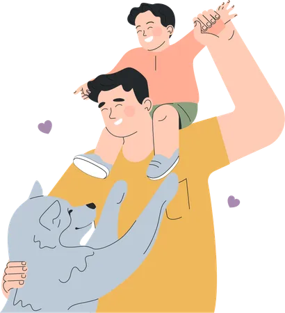 Father and son are enjoying with their pet dog  Illustration