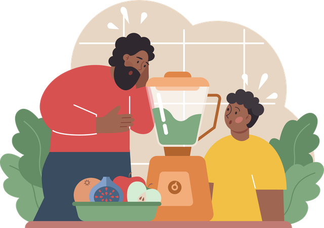 Father and son are grinding vegetables for juice  Illustration