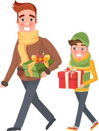 Father And Boy With Wrapped Gift Boxes And Packages Presents Cartoon Style Male Customers Isolated Dad And Son Do Shopping Together Isolated Vector Illustration