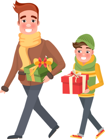 Father and son are happy doing Christmas shopping  Illustration