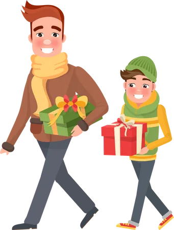 Father and son are happy doing Christmas shopping  Illustration