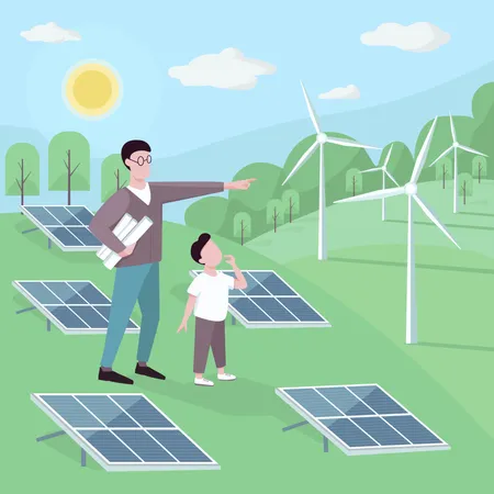 Father And Son At Alternative Energy Station Flat Color Vector Illustration Renewable Power Generation Man And Kid Near Solar Panels Wind Turbines 2 D Cartoon Characters With Landscape On Background Illustration