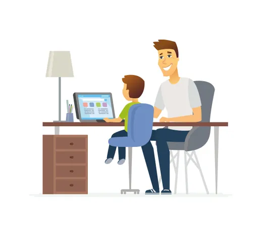Father And Son At The Laptop  Illustration