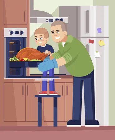 Father and son baking meat in oven  Illustration