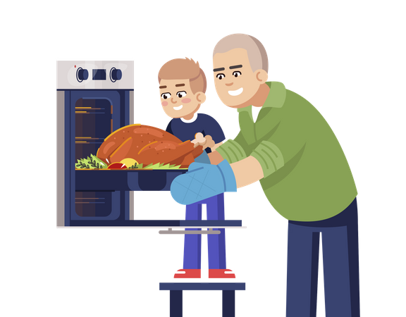 Father And Son Baking Meat In Oven  Illustration