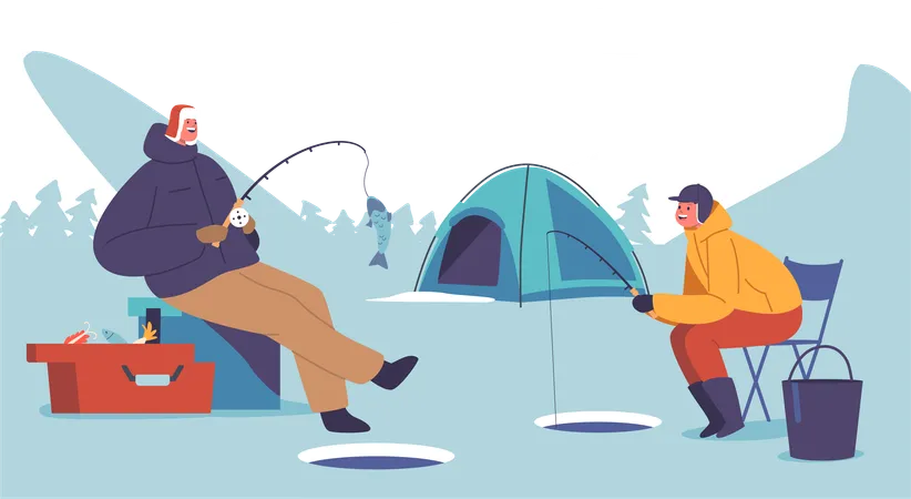 Father And Son Characters Bonding On A Serene Winter Fishing Trip People Enjoying Frozen Lake Cozy Moments And Shared Stories Amidst The Snow Covered Landscape Cartoon Vector Illustration Illustration