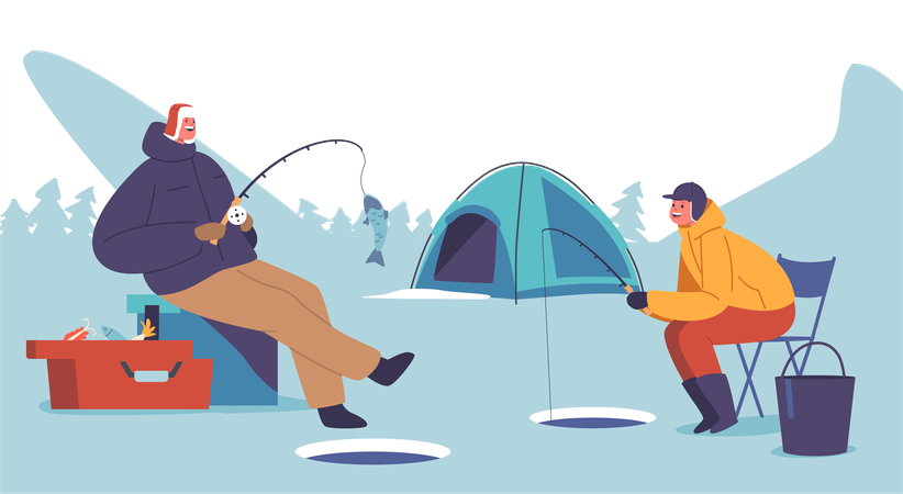 Father And Son Bonding On Serene Winter Fishing Trip  Illustration