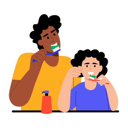 Father and son brushing teeth  Illustration