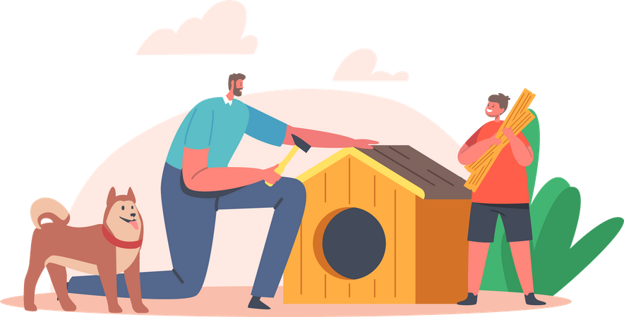 Father and son building Dog house  Illustration