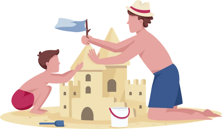 Father and son building sandcastle  Illustration