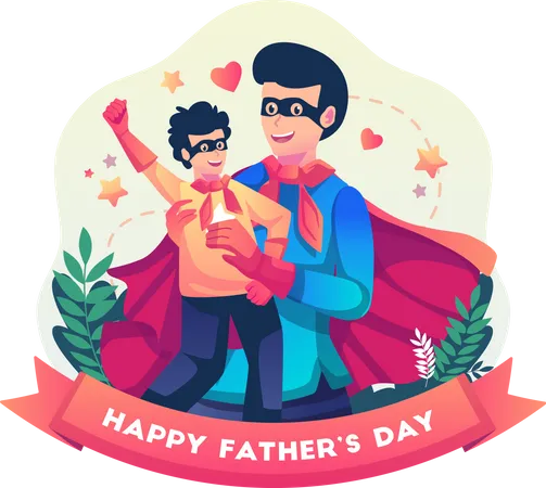 Father and son celebrate Father's Day with both dressed in superhero costumes Illustration