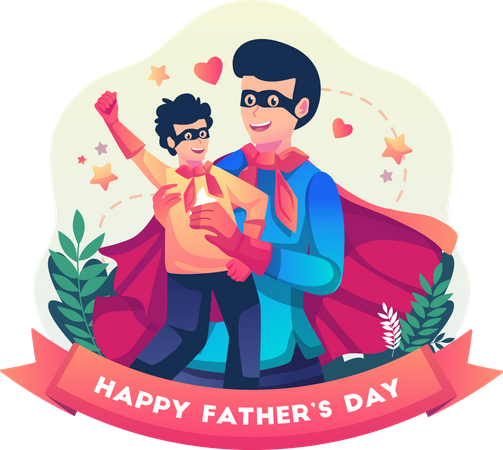 Father and son celebrate Father's Day with both dressed in superhero costumes  Illustration