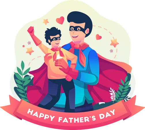 Father and son celebrate Father's Day with both dressed in superhero costumes  Illustration