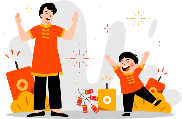 Father and son celebrate lunar new year  Illustration