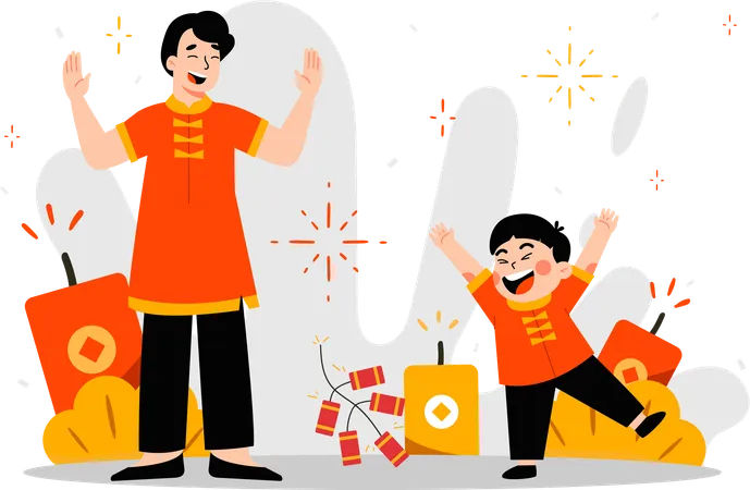 Father and son celebrate lunar new year  Illustration