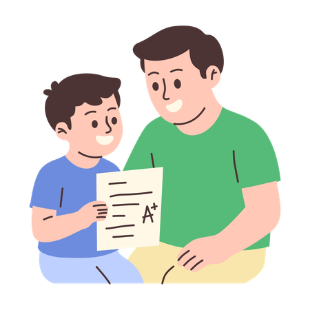 Father and Son Celebrating  Good School Grade  Illustration
