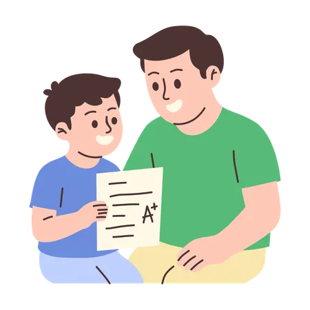 Father and Son Celebrating  Good School Grade  Illustration