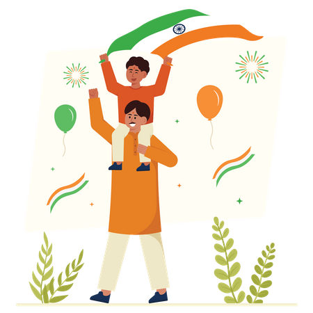 Father and son Celebrating Independence Day  Illustration