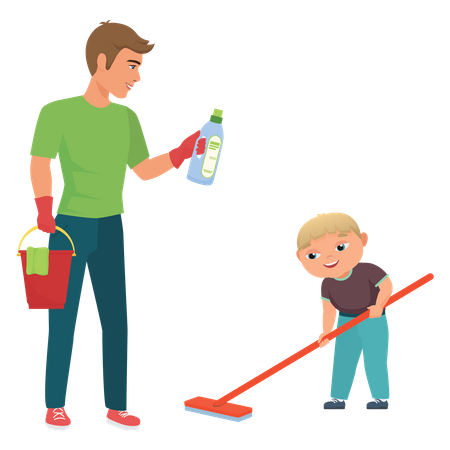 Father and son cleaning home  Illustration