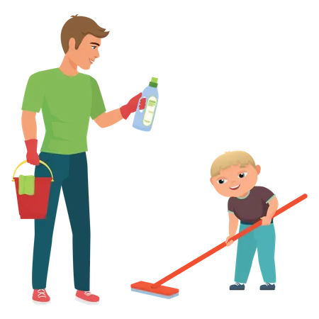 Father and son cleaning home  Illustration