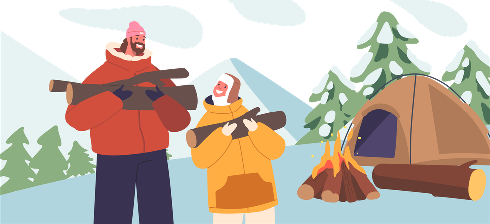 Father and Son Collecting Brushwood During Winter Camping Adventure  イラスト