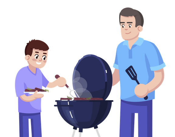 Father And Son Cooking Barbecue Together Illustration