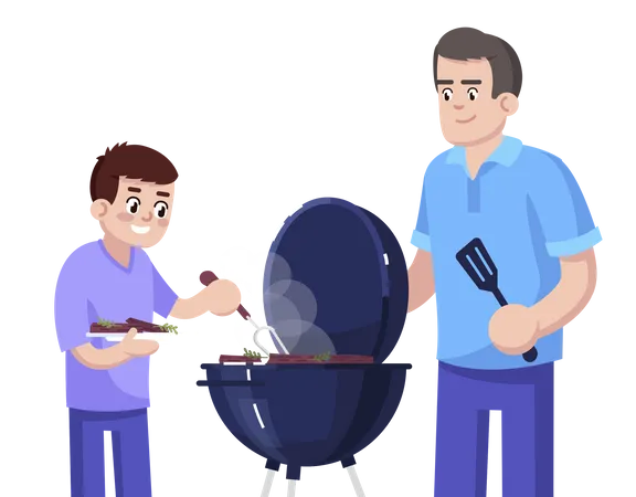 Father And Son Cooking Barbecue Together Illustration