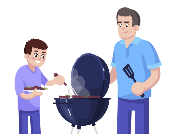 Father And Son Cooking Barbecue Together  Illustration