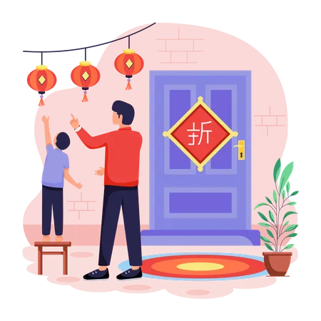 Father and son Decorating House  Illustration