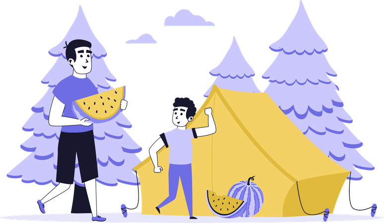 夏休みにキャンプをする父と息子  イラスト
