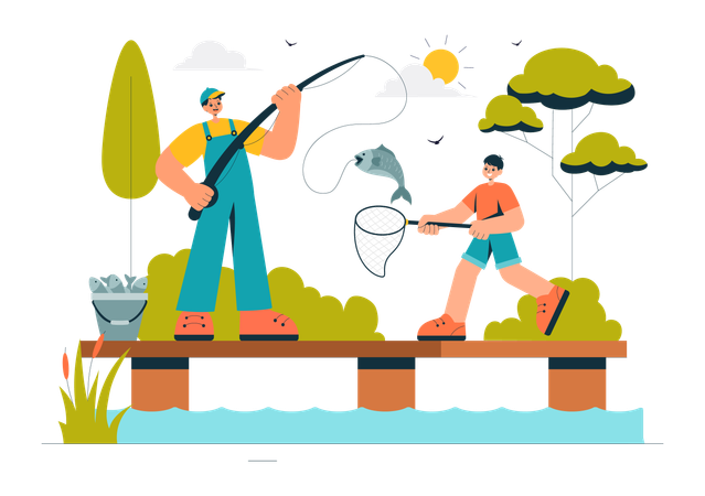 Father and Son Doing Fishing  Illustration