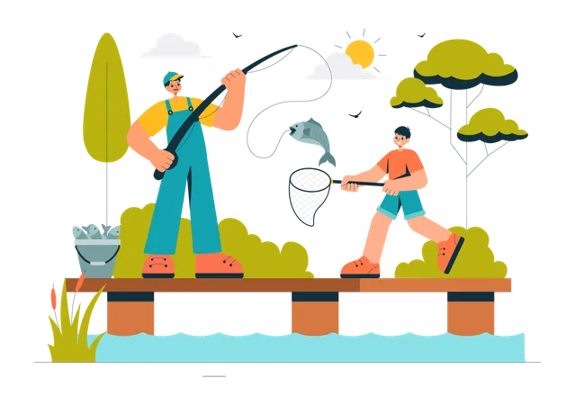 Father and Son Doing Fishing  Illustration