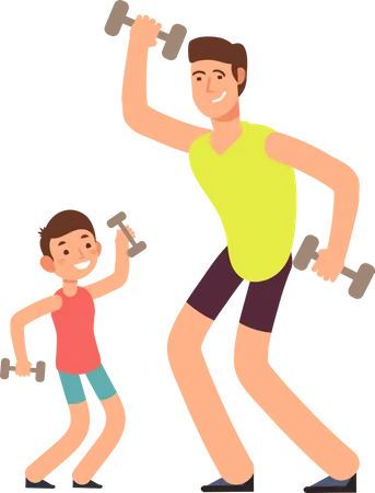 Father and son doing fitness workout together  Illustration