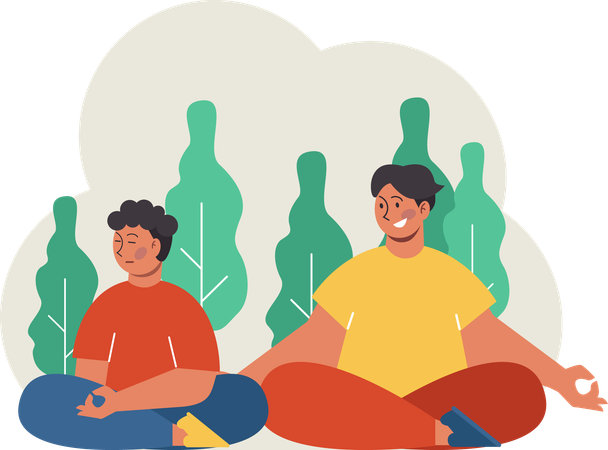 Father and son doing meditation in garden  Illustration
