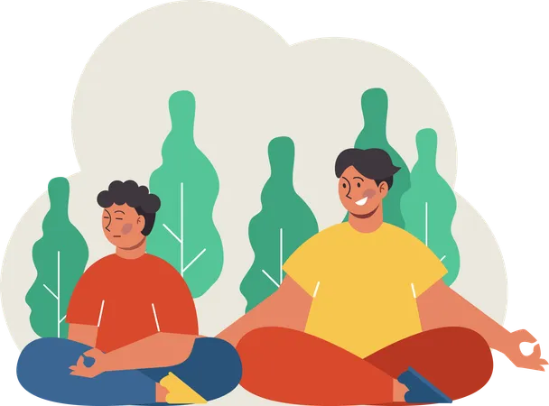 Father and son doing meditation in garden  Illustration