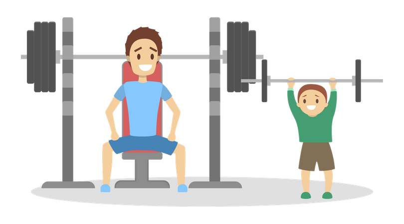 Father and son doing weightlifting  Illustration