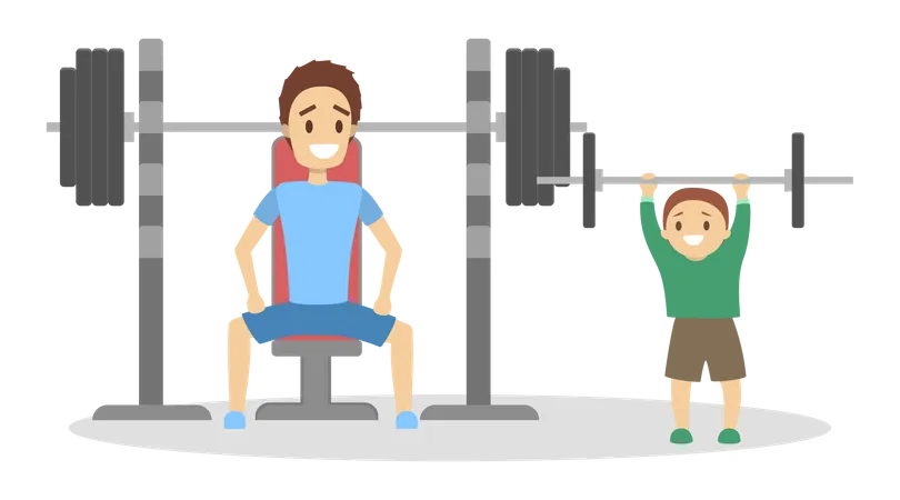 Father and son doing weightlifting  Illustration