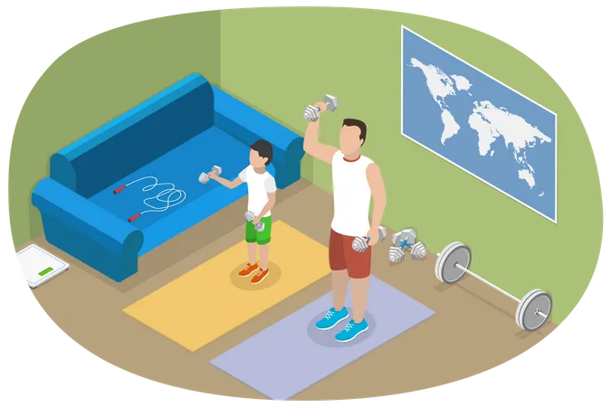 Father and son doing workout at home  Illustration