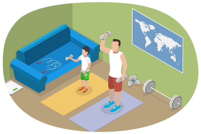 Father and son doing workout at home  Illustration